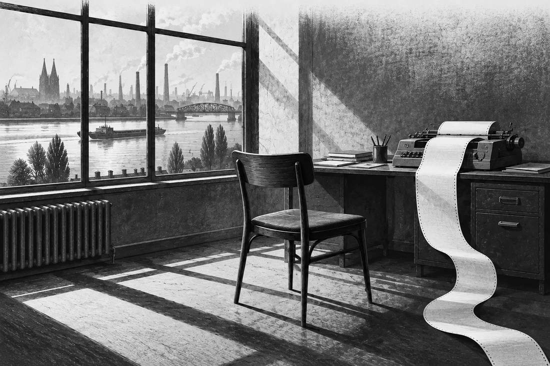 Illustration aus dem Romanprojekt: ein leerer Stuhl vor dem Fenster, daneben eine Maschine und eine Papierbahn